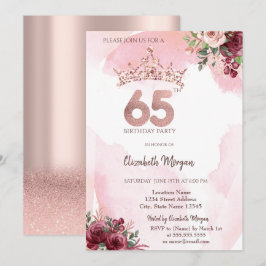  Rose Gold Glitter Roses Crown 65th Birthday Party Kaart