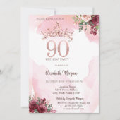 Rose Gold Glitter Roses Crown 90th Birthday Party Kaart (Voorkant)