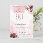 Rose Gold Glitter Roses Crown 90th Birthday Party Kaart (Staand voorkant)