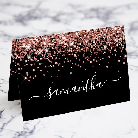 Rose Gold Glitter Signature Name Black Place Cards Kaart