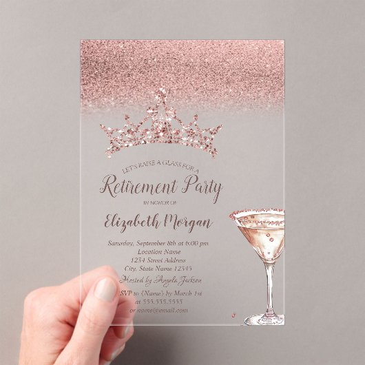 Rose Gold Glitter Tiara Martini Glass Retirement Acryl Uitnodigingen (Insitu (Draagbaar))