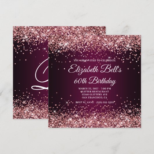Rose Gold Glitter Wine Dark Ombre 60th Birthday Kaart (Voorkant / Achterkant)