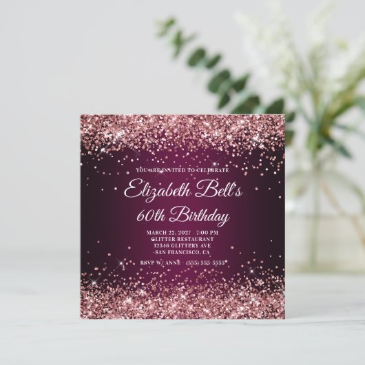 Rose Gold Glitter Wine Dark Ombre 60th Birthday Kaart (Staand voorkant)