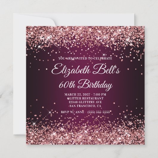 Rose Gold Glitter Wine Dark Ombre 60th Birthday Kaart (Voorkant)