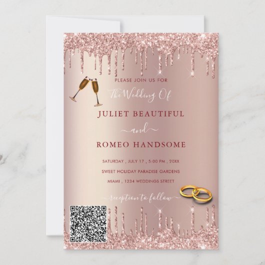 Rose Gold Glitter Your QR Code Wedding Invitation (Voorkant)