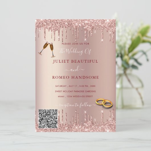 Rose Gold Glitter Your QR Code Wedding Invitation (Staand voorkant)