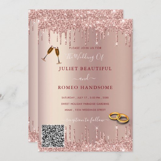 Rose Gold Glitter Your QR Code Wedding Invitation (Voorkant / Achterkant)