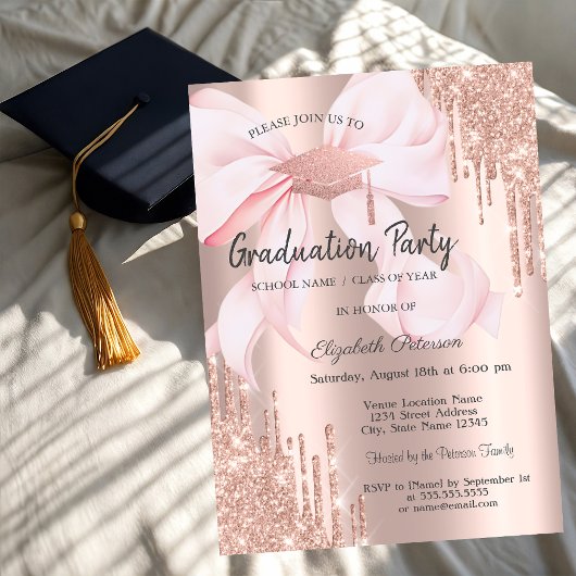 Rose Gold Grad Cap Drips Bow Photo Graduation Kaart