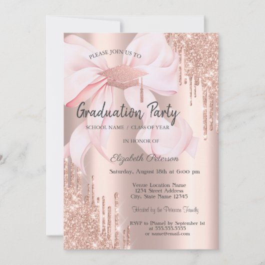 Rose Gold Grad Cap Glitter Drips Bow Graduation Kaart (Voorkant)
