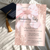 Rose Gold Grad Cap Glitter Drips Bow Graduation Kaart