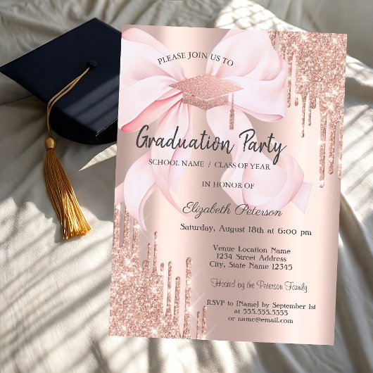 Rose Gold Grad Cap Glitter Drips Bow Graduation Kaart