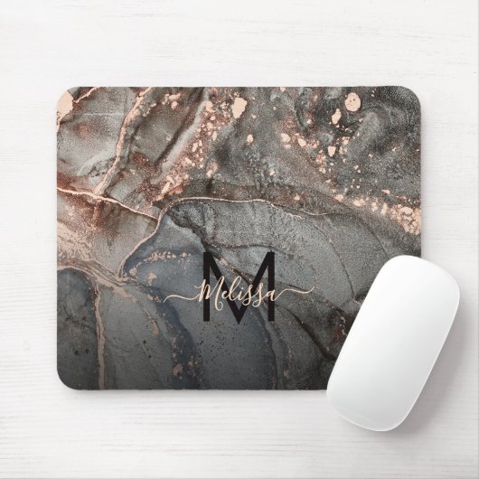Rose Gold Gray Ink Marble Monogram  Muismat (Met muis)