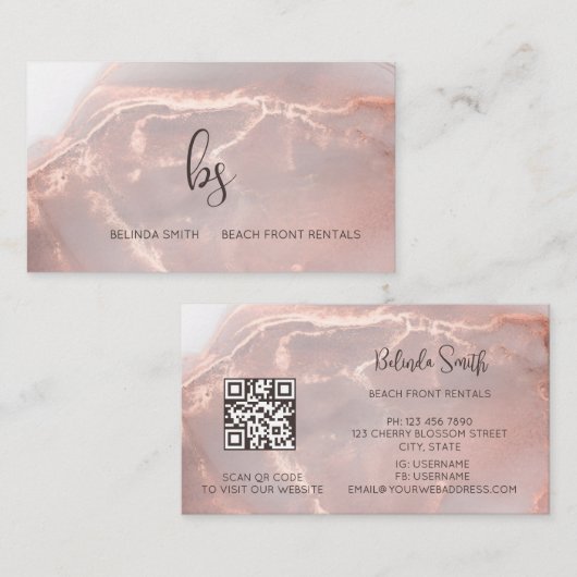 Rose Gold Ink Marble Black Initials Visitekaartje (Voorkant / Achterkant)