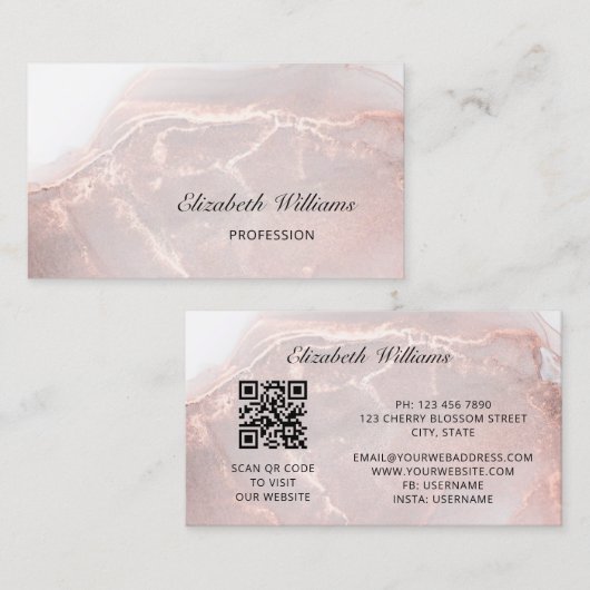 Rose Gold Ink Marmer | QR Code Visitekaartje (Voorkant / Achterkant)