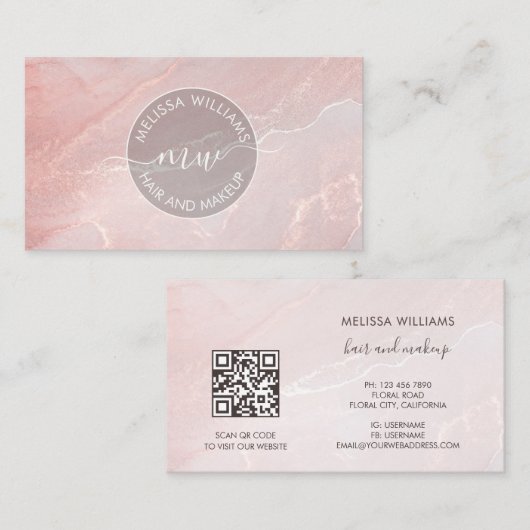 Rose Gold Ink Marmer | QR Code Visitekaartje (Voorkant / Achterkant)