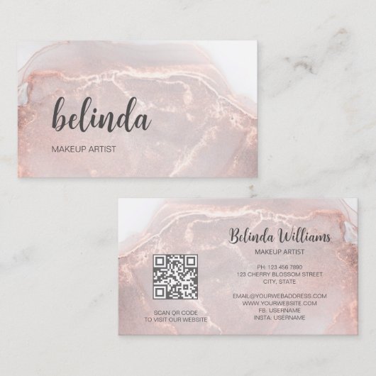 Rose Gold Ink Marmer | QR Code Visitekaartje (Voorkant / Achterkant)