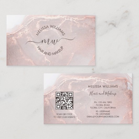 Rose Gold Ink Marmer | QR Code Visitekaartje (Voorkant / Achterkant)