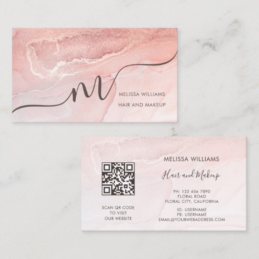 Rose Gold Ink Marmer | QR Code Visitekaartje (Voorkant / Achterkant)