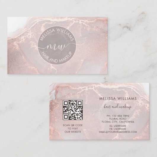 Rose Gold Ink Marmer | QR Code Visitekaartje (Voorkant / Achterkant)