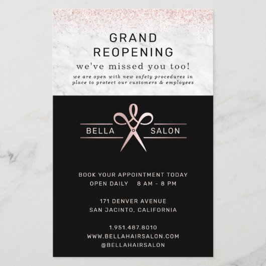 Rose Gold Kapsalon Grootse Heropening Covid Veilig Flyer (Voorkant)