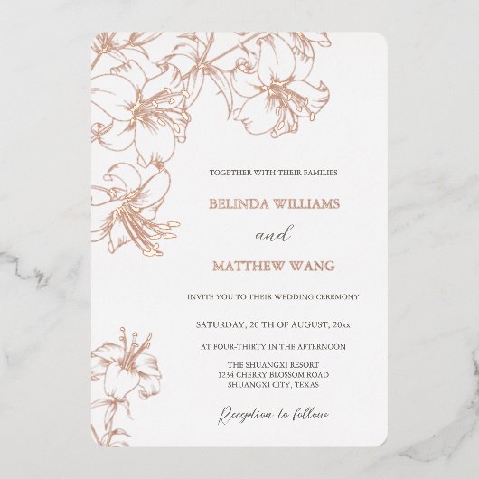 Rose Gold Line Art Lilies Wedding Folie Uitnodiging (Voorkant)