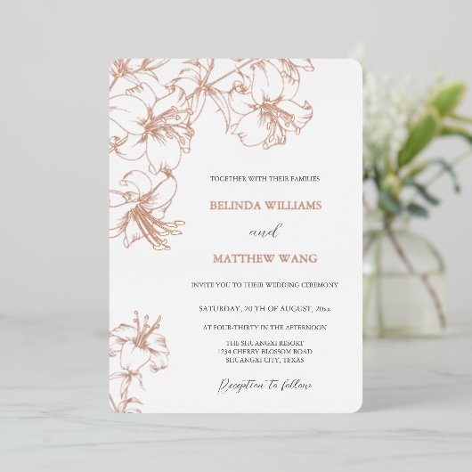 Rose Gold Line Art Lilies Wedding Folie Uitnodiging (Staand Voorkant)