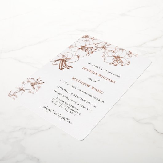 Rose Gold Line Art Lilies Wedding Folie Uitnodiging (Gedraaid)
