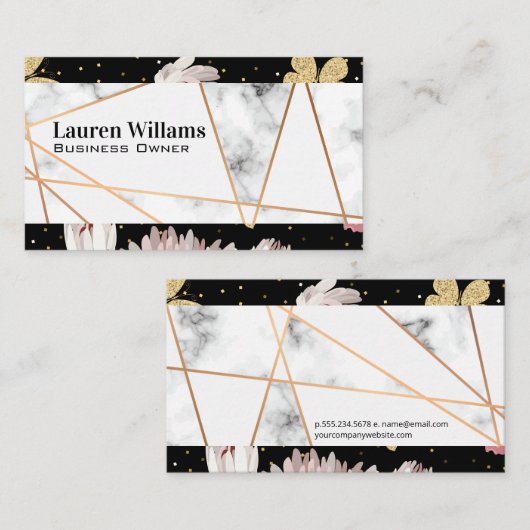 Rose Gold Lines | Marmer | Bloemvlinder Visitekaartje (Voorkant / Achterkant)