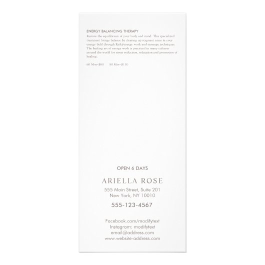 Rose Gold Lotus Massage Therapist Price List Menu (Achterkant)