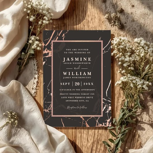 Rose Gold Marble Elegant Modern QR Code Wedding Kaart