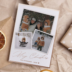 Rose gold Merry Christmas script 3 photo collage Folie Feestdagenkaart