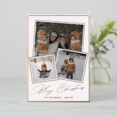 Rose gold Merry Christmas script 3 photo collage Folie Feestdagenkaart (Staand Voorkant)