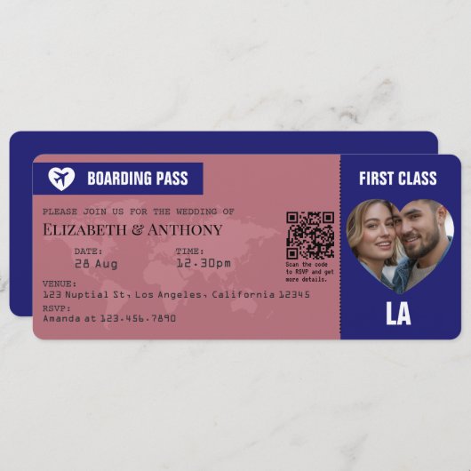 Rose Gold & Midnight Blue Boarding Pass Wedding Kaart (Voorkant / Achterkant)