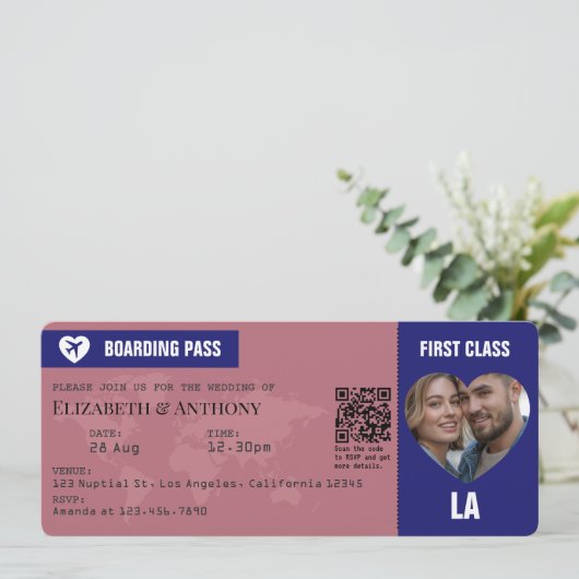 Rose Gold & Midnight Blue Boarding Pass Wedding Kaart (Staand voorkant)