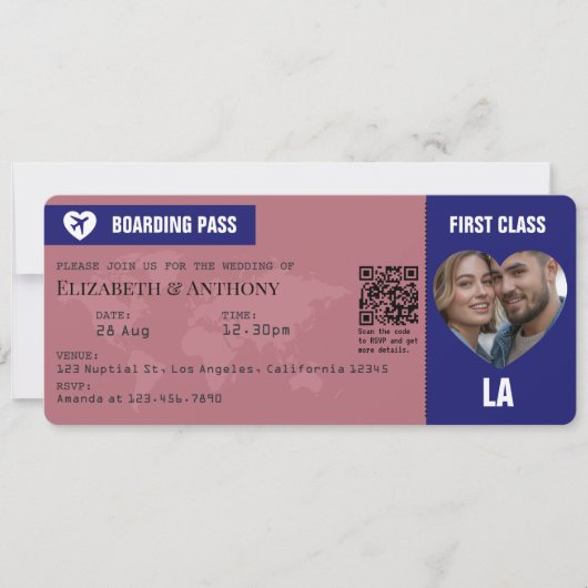 Rose Gold & Midnight Blue Boarding Pass Wedding Kaart (Voorkant)