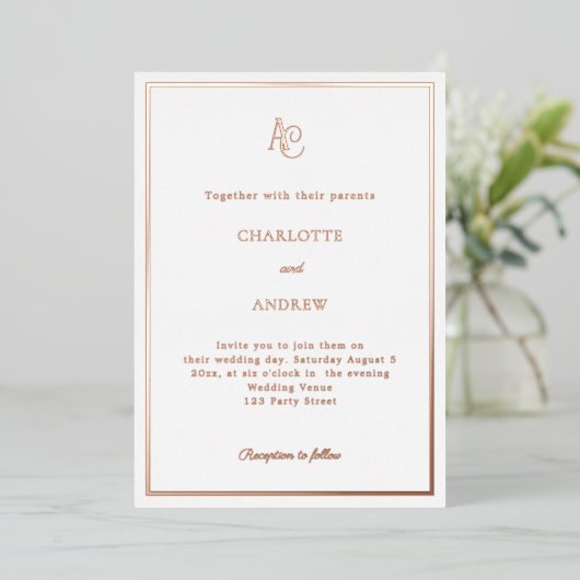 Rose gold modern monogram luxury wedding folie uitnodiging (Staand Voorkant)