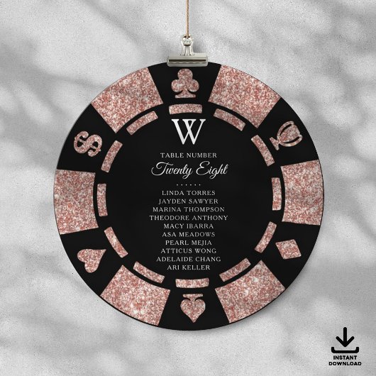 Rose Gold Monogram Poker Chip Casino Wedding Kaart