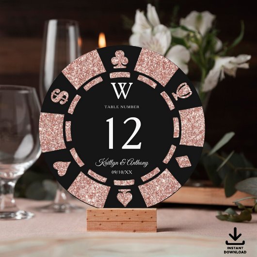Rose Gold Monogram Poker Chip Casino Wedding Kaart