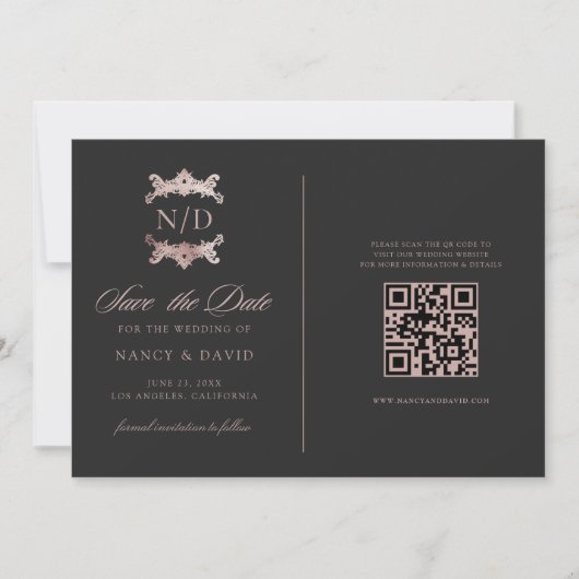 Rose Gold Monogram Qr Code Wedding  Save The Date (Voorkant)
