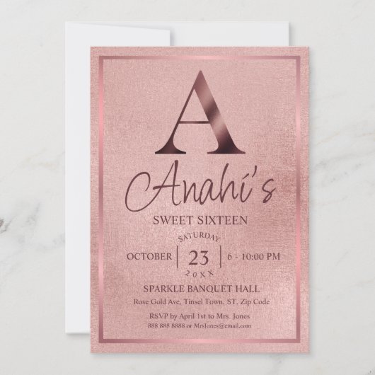 Rose Gold Monogram Sweet Sixteen Kaart (Voorkant)