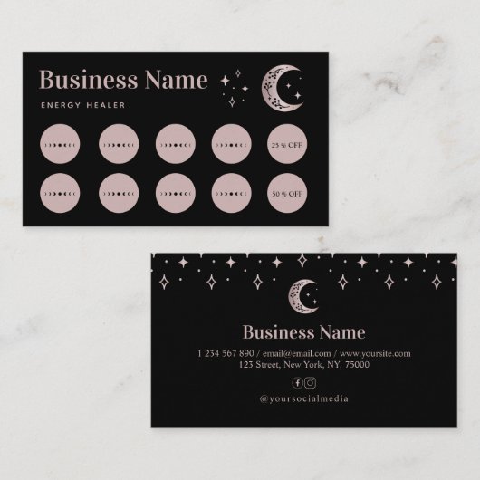 Rose Gold Moon Star Energy Healer Loyalty Card (Voorkant / Achterkant)
