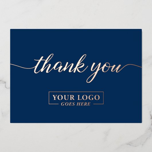 Rose Gold Navy Blue Custom Business logo Folie Feestdagenkaart (Voorkant)