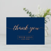 Rose Gold Navy Blue Custom Business logo Folie Feestdagenkaart (Staand Voorkant)