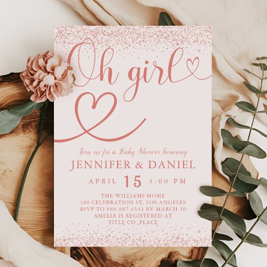 Rose Gold Oh Girl Blush Confetti Script Kaart