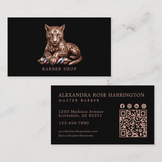 Rose Gold Panther Kapperszaak QR-code Kapper Visitekaartje (Voorkant / Achterkant)