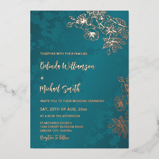 Rose Gold Peacock Green Floral Wedding Folie Uitnodiging (Voorkant)