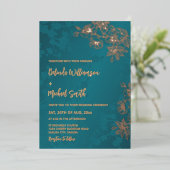 Rose Gold Peacock Green Floral Wedding Folie Uitnodiging (Staand Voorkant)