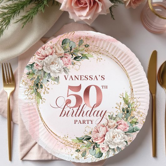 Rose Gold Peony Greenery 50th Birthday Paper Plate Papieren Bordje