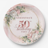 Rose Gold Peony Greenery 50th Birthday Paper Plate Papieren Bordje (Voorkant)