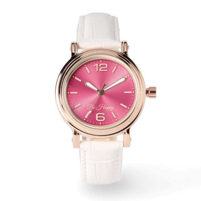 Rose Gold & Pink "Be Happy" Watch with White Strap Horloge (Voorkant)